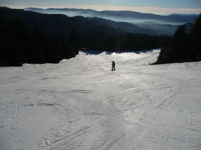 Die Waldabfahrt war eindeutig die beste Piste des Tages. Kaum Steine oder apere Stellen. Nur die Nicht-Präparierung ist zu bemängeln.