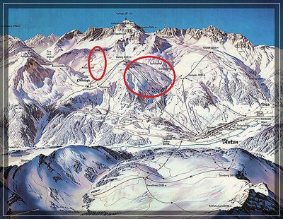Ansicht stammt aus dem Jahre 1971<br />Man kann sehen, dass der Arlenmähderlift noch nicht vorhanden ist. Man kann auch sehen, dass nördlich vom Feldherrenhügellift ein Schlepplift hinaufgeht, den wir bisher nicht kannten. Der Tanzbödenlift ist einweinig so eingezeichnet, dass es so scheint, als würde dieser direkt aus dem Steißbachtal hinaufgehen. Aber auch hier steht dabei "Tanzboda".