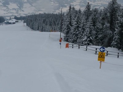 Hier habe ich versucht, eine Neuerung festzuhalten. Bei der Tafel rechts müdet der alte Schiweg vom Rieglerhüttenlift in die Gondel-Abfahrt, beim A-förmigen Strommast mündet der neue Schiweg in diese Piste.